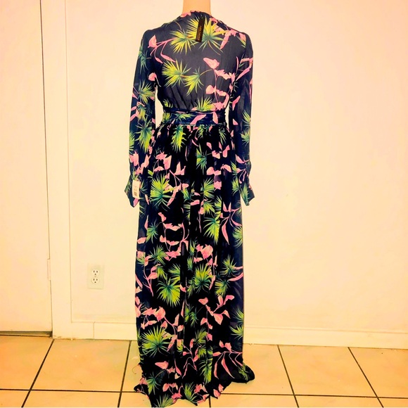 Blue Pink & Green Tropical Print, Faux Wrap, Long Sleeve, Maxi Dress - Picture 2 of 16